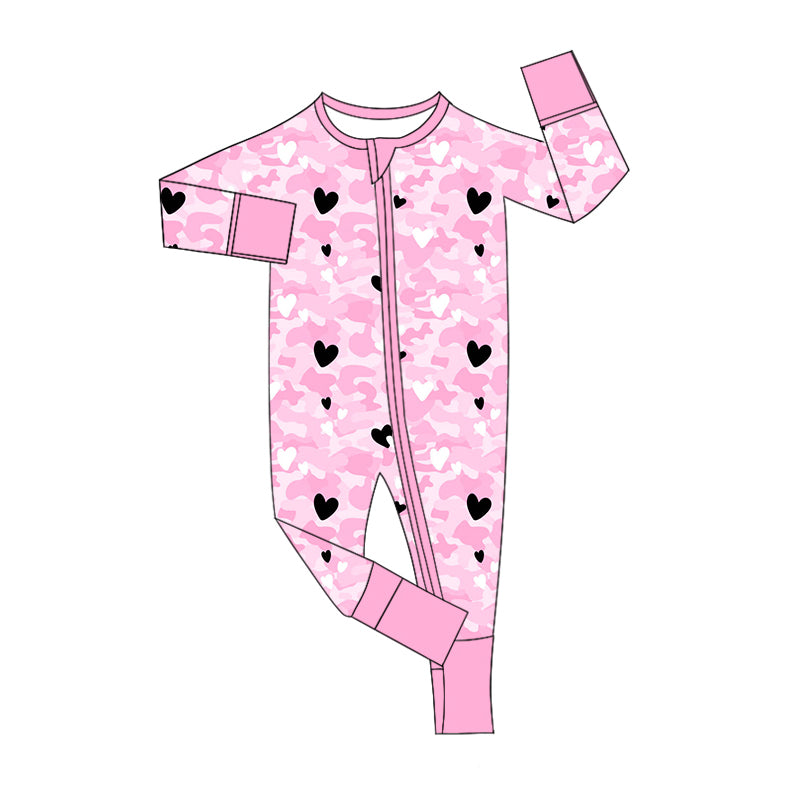 Baby Girl Long Sleeves Pink Camo Hearts Zipper Romper