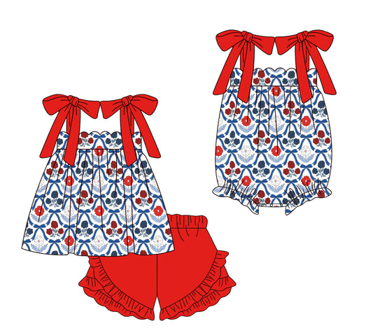 ( Moq 5 Each Style ) Sibling Baby Boys Bows Flower Tunic Shorts 4th of July Set Romper