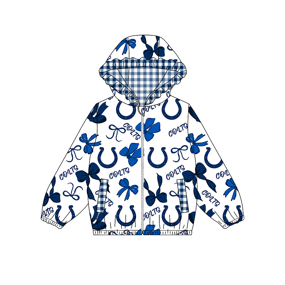 ( Moq 5 ) Custom Baby Girl Kids Bows Pockets Zipper Ruffle Hoodie Jacket Coat Team Tops