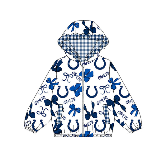 ( Moq 5 ) Custom Baby Girl Kids Bows Pockets Zipper Ruffle Hoodie Jacket Coat Team Tops