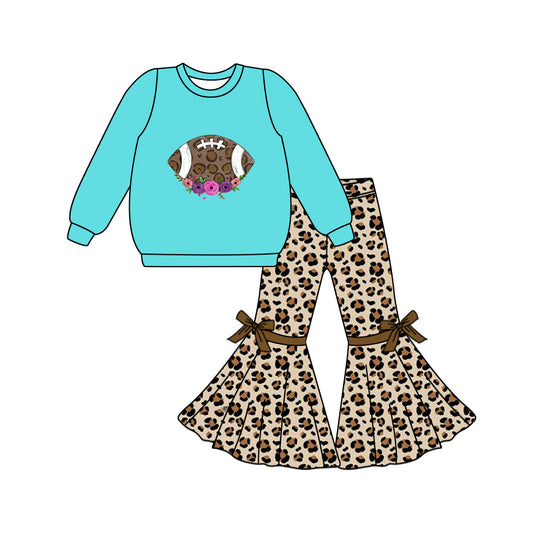 Baby Girl Long Sleeves Football Green Shirt Leopard Bell Pants Set