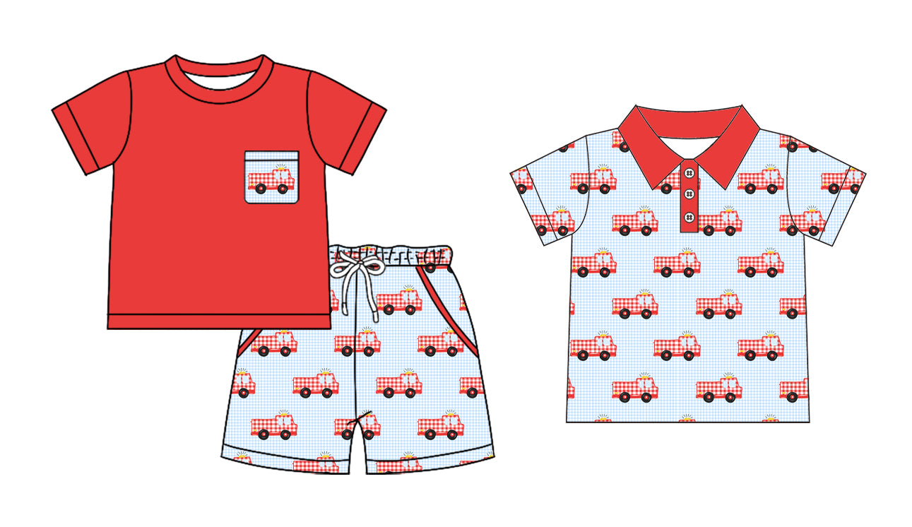 ( Moq 5 Each Style ) Baby Boys Kids Short Sleeves Fire Trucks Sibling Summer Romper Set
