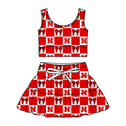 ( Moq 5 ) Baby Girls Toddler N Bows Red Plaid Tops Shorts Skirt Team Set
