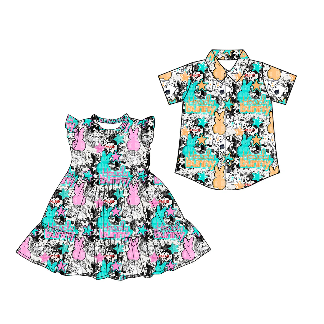 ( Moq 5 Each Style ) Baby Boys Girls Short Sleeves Rabbits Stars Easter Dress Set