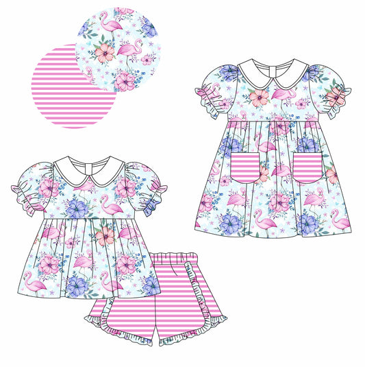 Baby Girl Short Sleeves Flower Sibling Matching Dress Clothes Set ( Moq 5 Each Design )