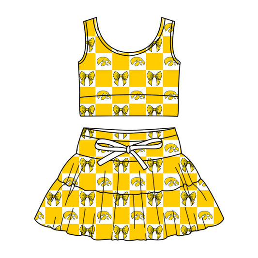 ( Moq 5 Each Style ) Baby Girls Kids Toddler Bows Yellow Plaid Tops Shorts Skirt Team Set