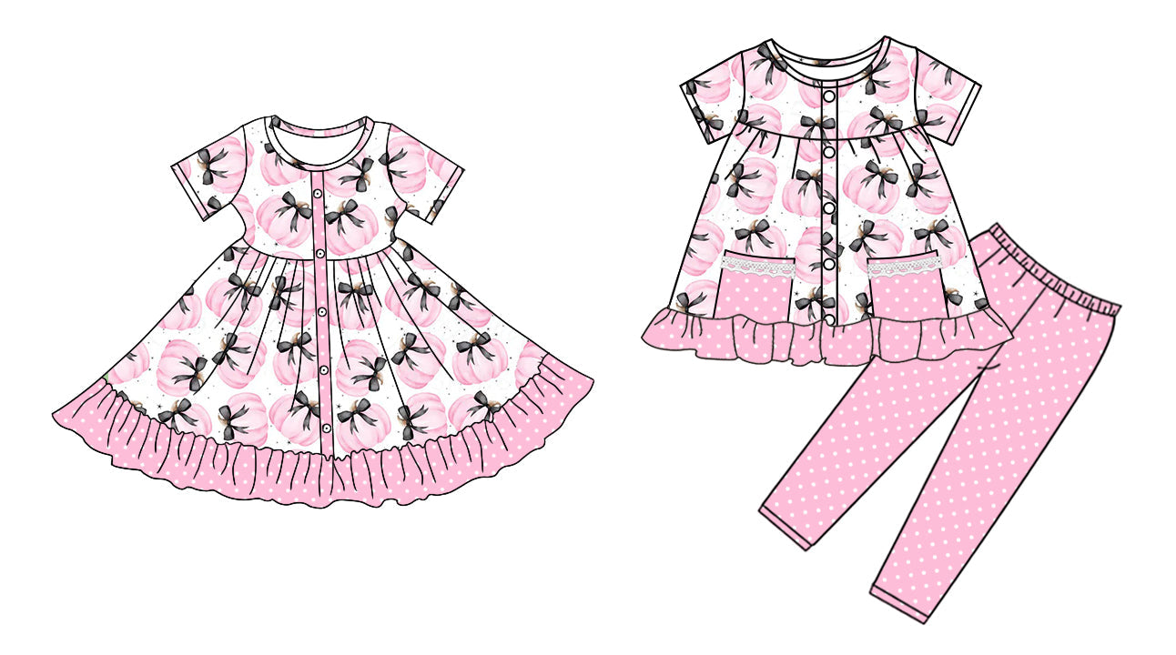 ( Moq 5 Each Style ) Baby Girl Short Sleeves Pumpkin Black Bows Sibling Dress Set 4.25