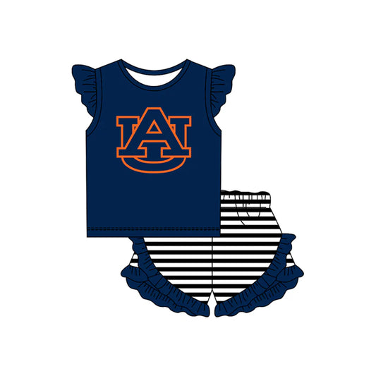 ( Moq 5 ) Baby Girls Short Sleeves AU Shirt Navy Stripes Ruffle Shorts Team Clothes Set