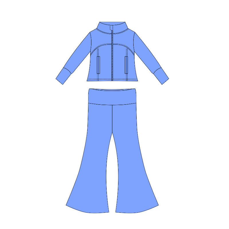 ( Moq 10 ) Baby Girl Blue Long Sleeves Pockets Zipper Tops Bell Bottom Pants Set