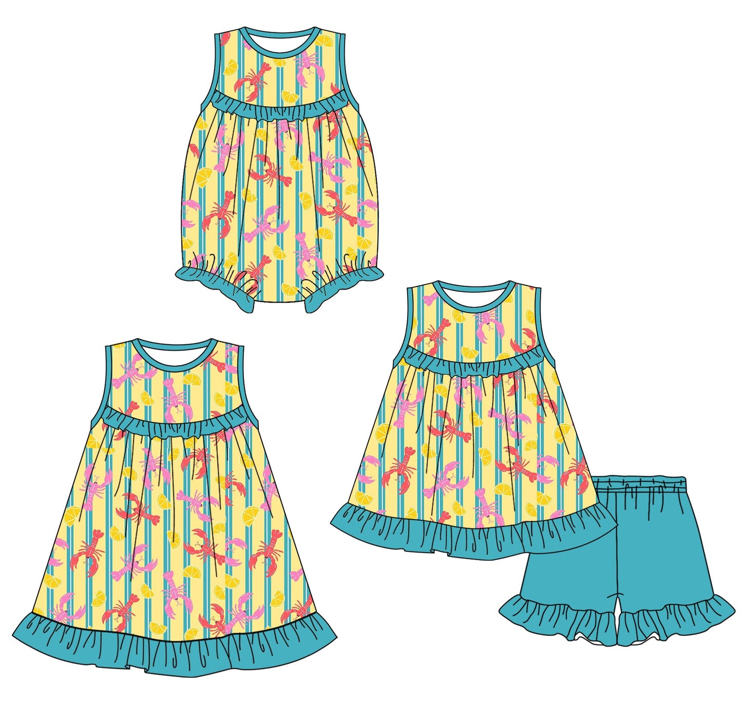 Baby Girl Crawfish Stripes Sibling Romper Dress Set ( Moq 5 Each Style ) 1.24