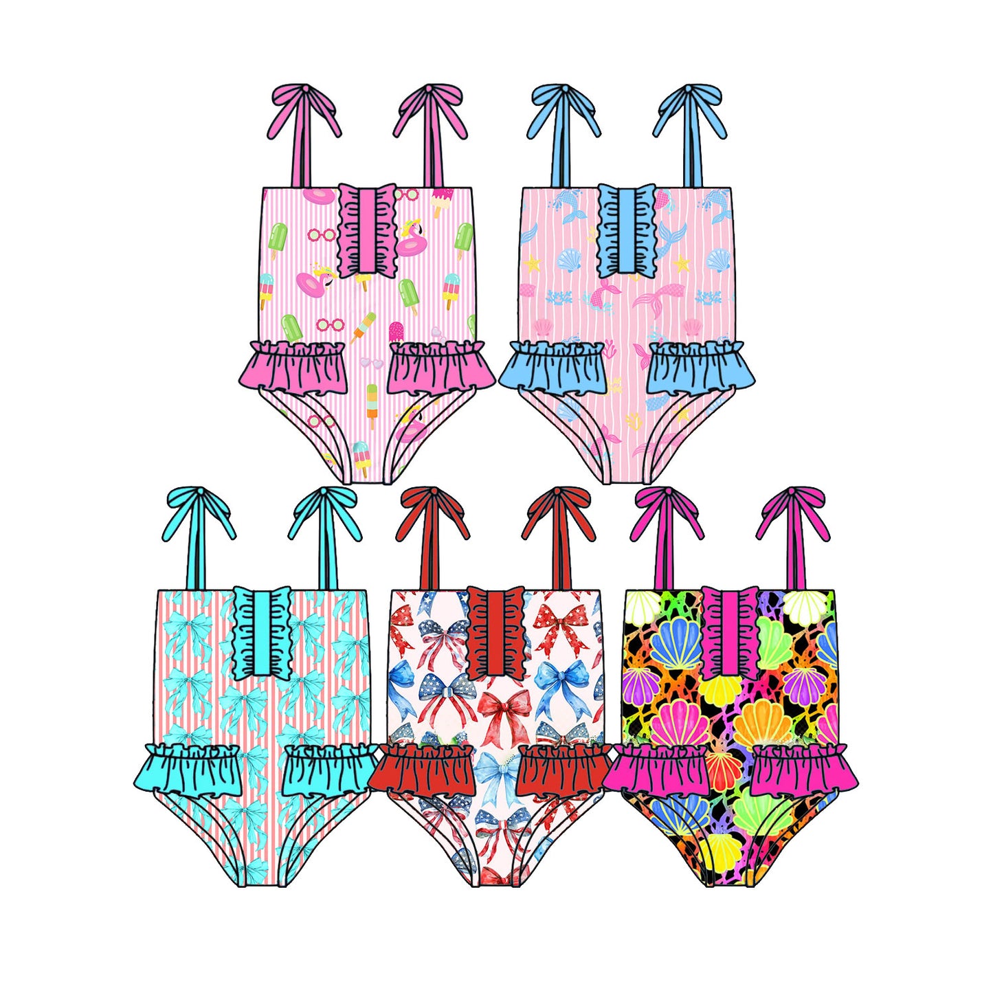 ( Moq 5 Each Style ) Sibling Baby Girls Kids Sleeveless Ruffle Summer One-piece Swimsuits