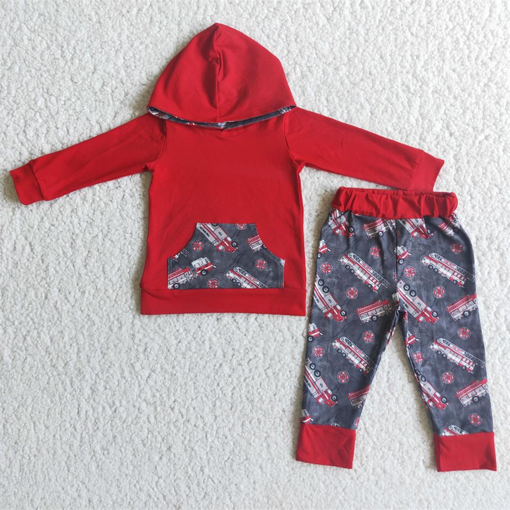 6 C8-2 Baby Boy Long Sleeves Hoodie Fire Truck Pants Outfit