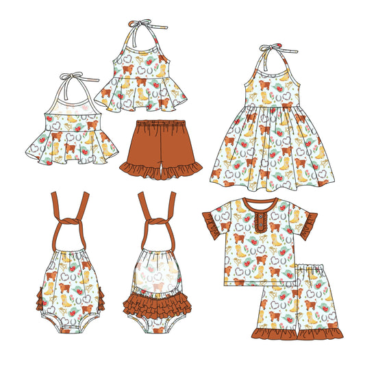Baby Girl Western Dogs Boots Brown Sibling Romper Dress Set ( Moq 5 Each Style ) 3.8