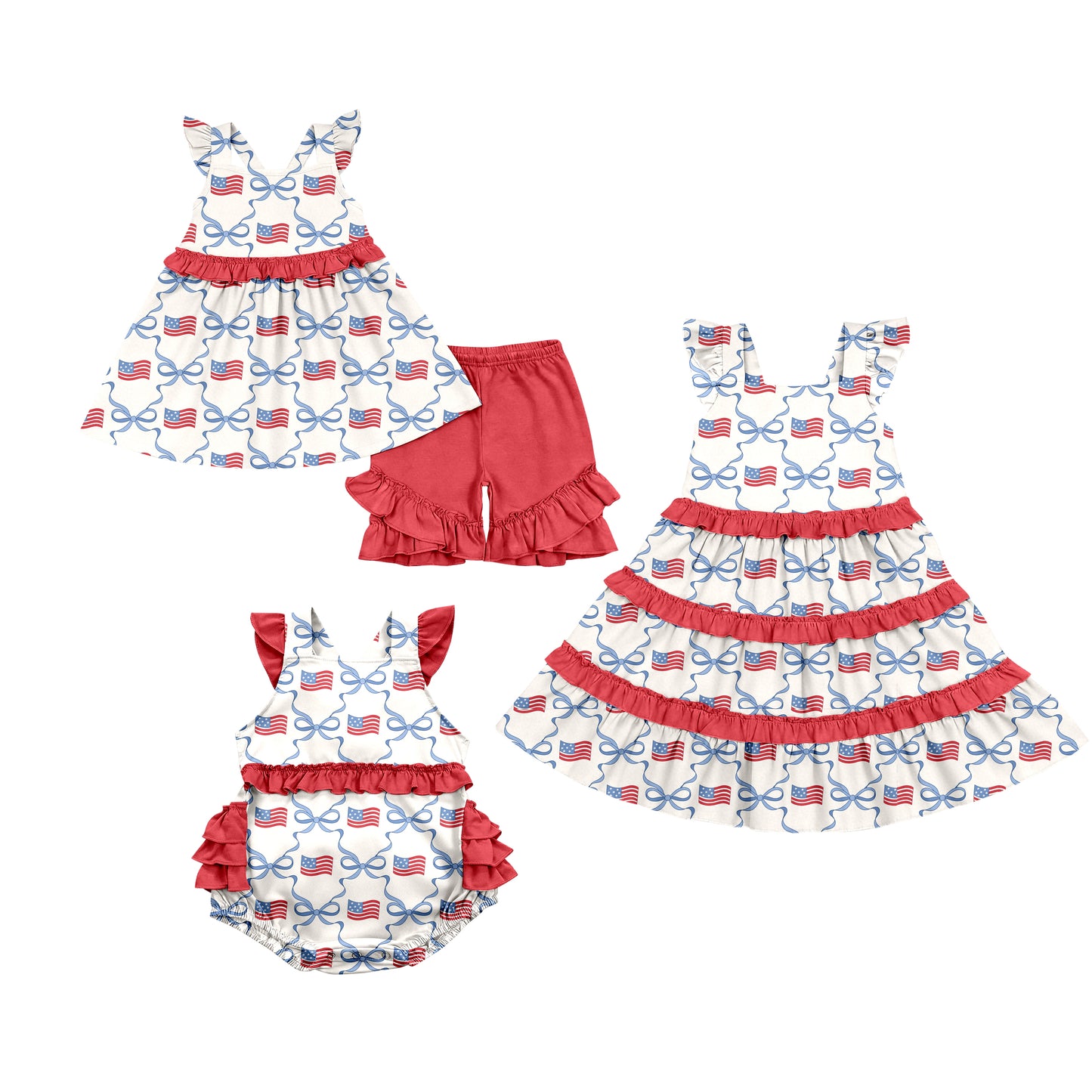 ( Moq 5 Each Style ) Baby Girls Kids Short Sleeves Bows Flags 4th of July Sibling Romper Dress Set