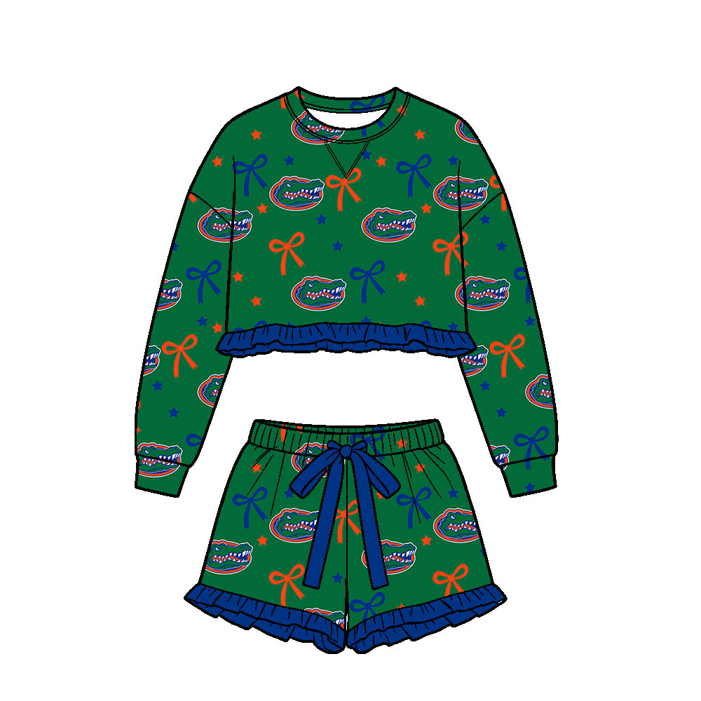 ( Moq 5 ) Custom Baby Girls Kids Long Sleeves Bows Shirt Shorts Team Set Green Clothes