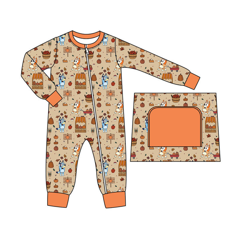 Baby Boy Long Sleeves  Pumpkin Dogs Fall Zipper Romper