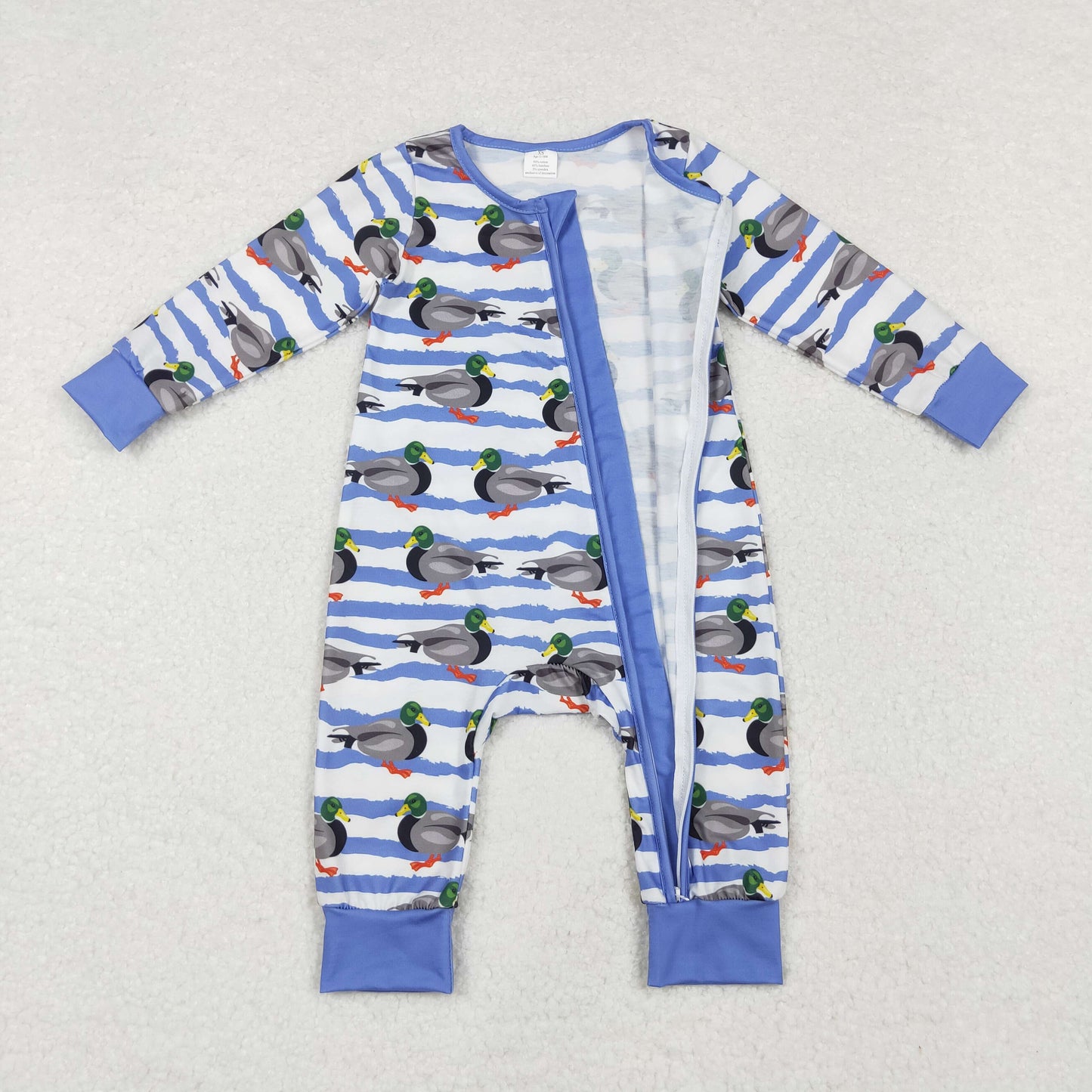 Baby Boy Long Sleeves Blue Stripes Ducks Zipper Bamboo Romper