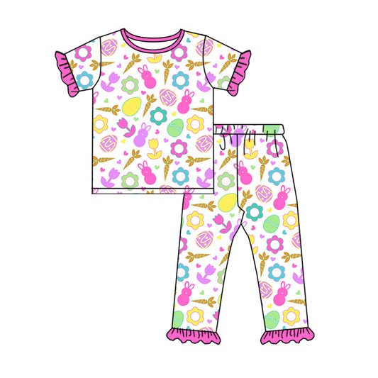 Baby Girl Short Sleeves Easter Rabbit Flower Egg Shirt Pants Pajamas Set ,Moq 5