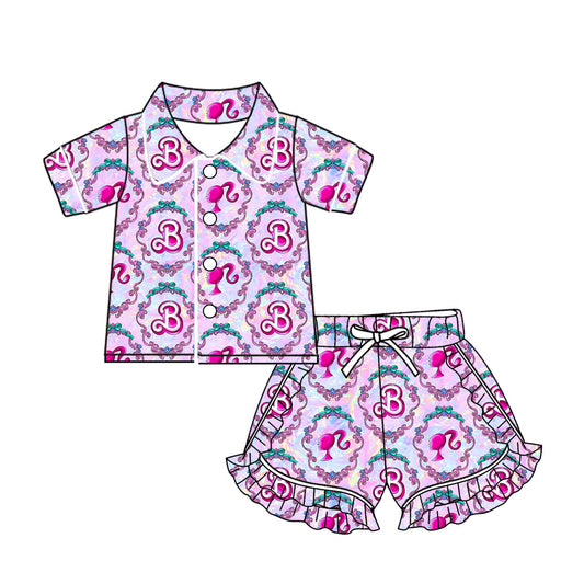 Baby Girl Short Sleeves Doll Purple Buttons Shirt Ruffle Shorts Pajamas Set Moq 5