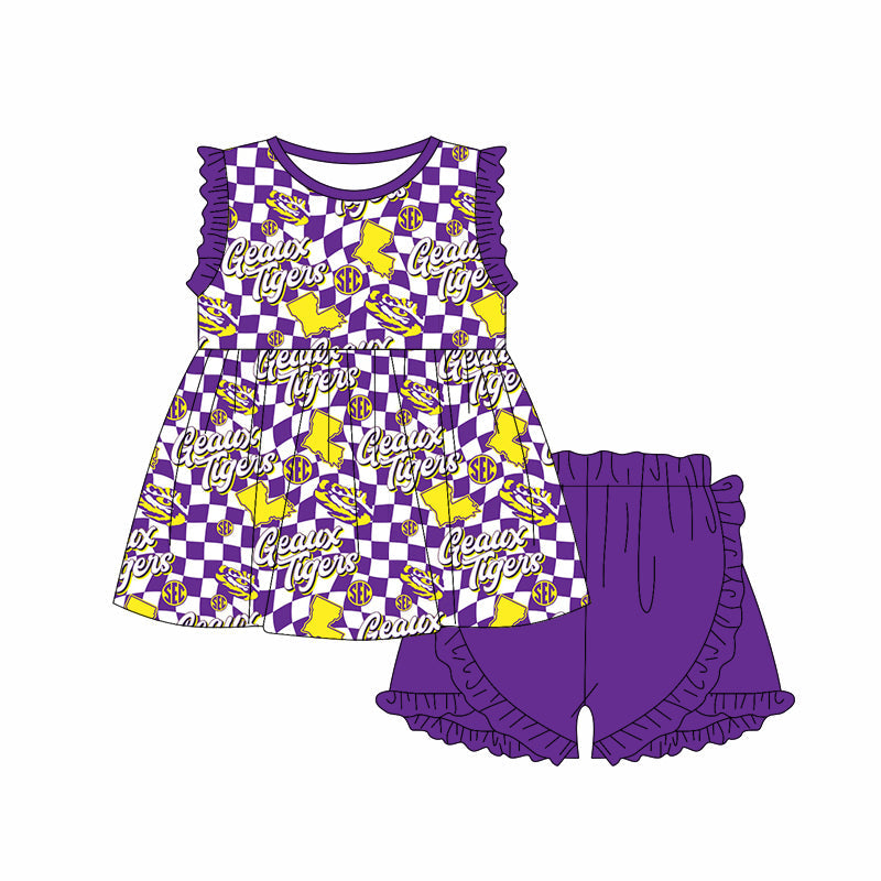 Baby Girl Sleeveless Tiger Team Tunic Purple Shorts Set Moq 5