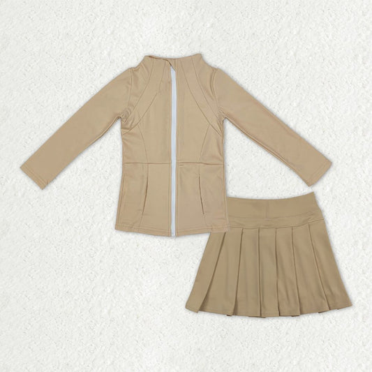 Kids Girls Long Sleeves Zipper Pockets Cardigan Khaki Shorts Skirt Yoga Active Set RTS