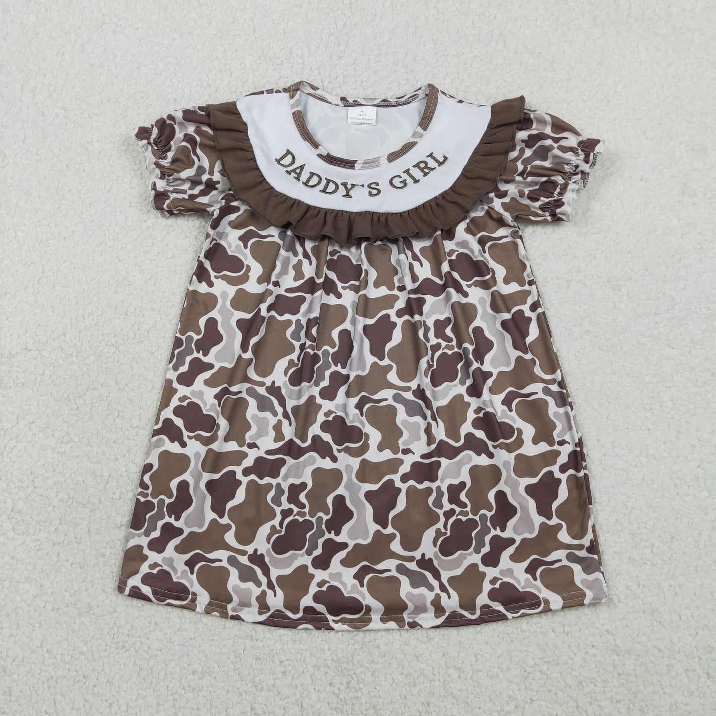 Baby Girls Kids Short Sleeves Embroidery Smocked Daddy's Girl Brown Camo Dress RTS