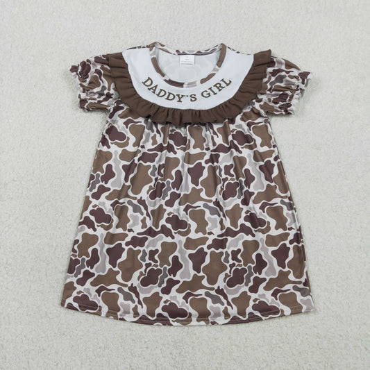 Baby Girls Kids Short Sleeves Embroidery Smocked Daddy's Girl Brown Camo Dress RTS