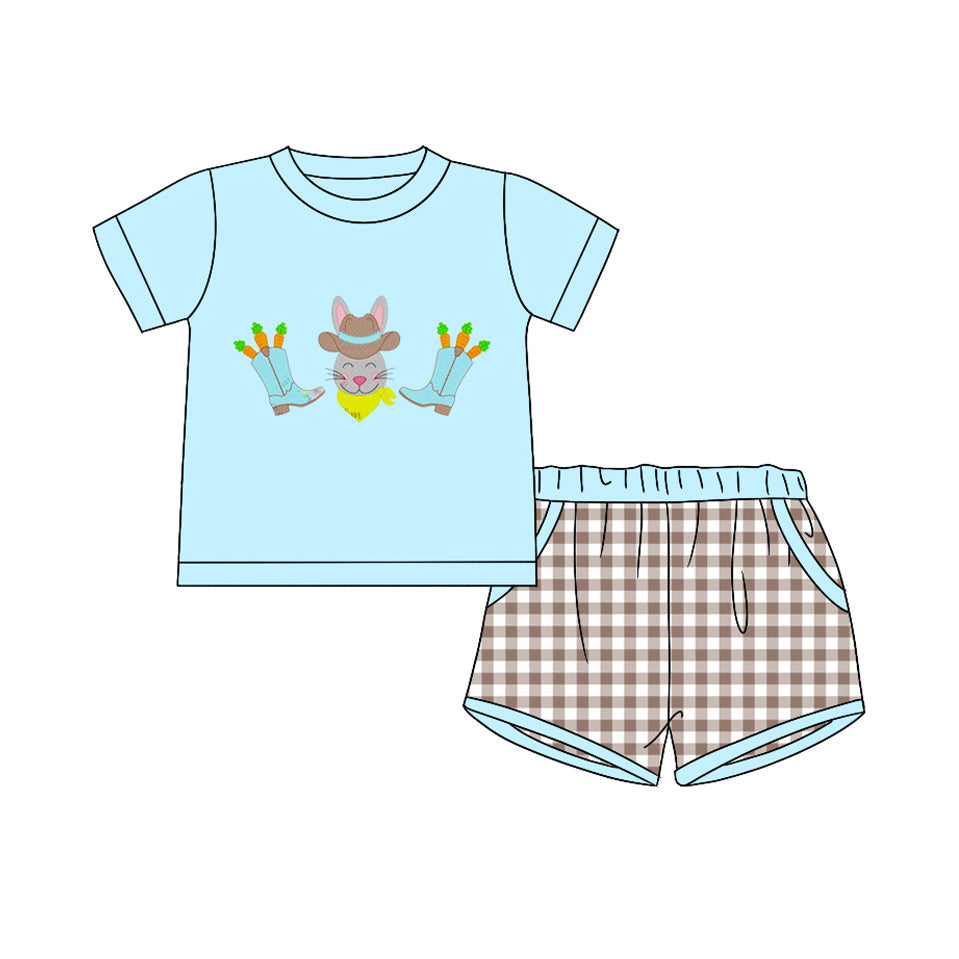 Baby Boy Short Sleeves Rabbit Boots Carrot Blue Shirt Plaid Shorts Easter Clothes Set Moq 5