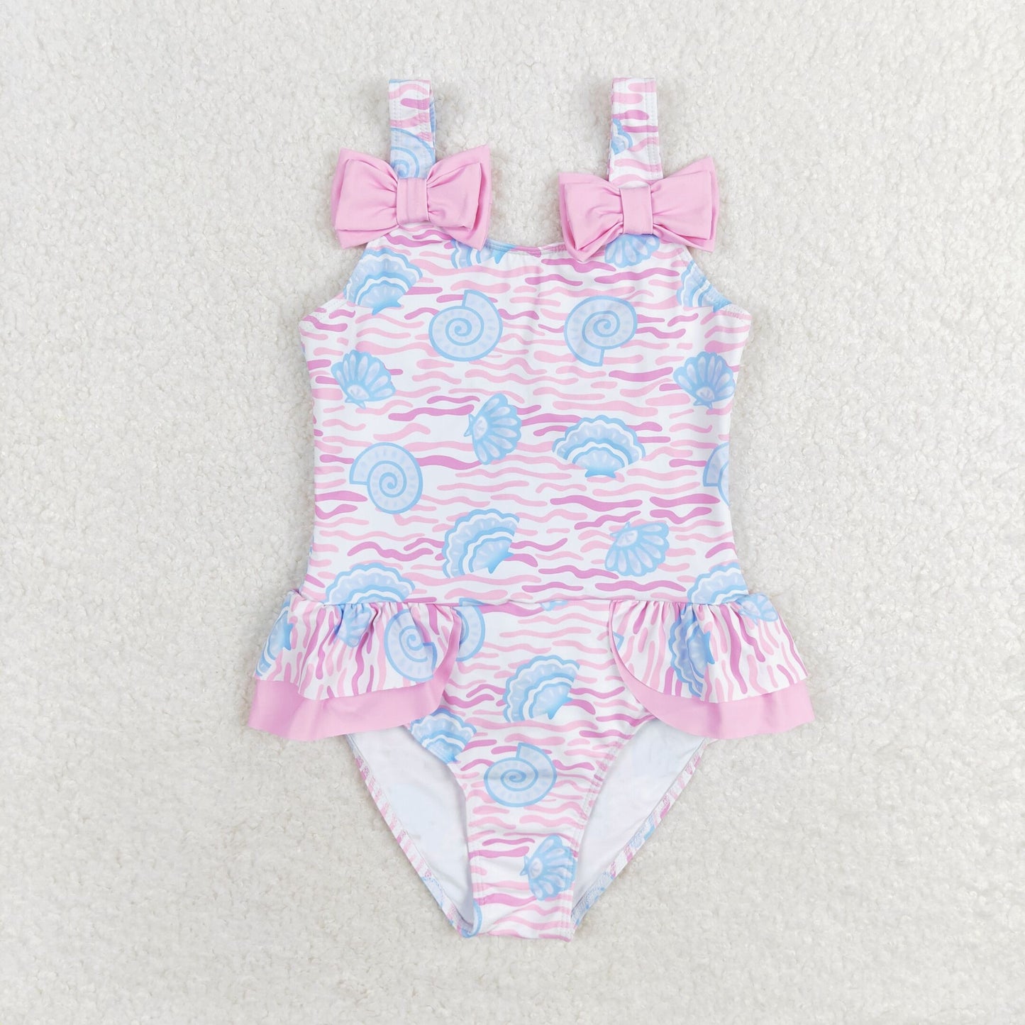 Baby Girl Pink Sea Shell Ruffle One Piece Bows Swimsuit