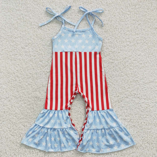 SR0385 Baby Girl July 4th Sleeveless Star Striped Jumpsuit