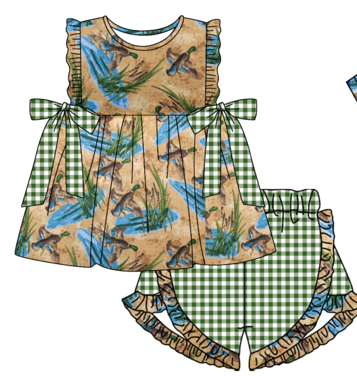 Baby Boy Girl Ducks Bows Sibling Matching Green Dress Romper Clothes Set ( Moq 5 Each style )