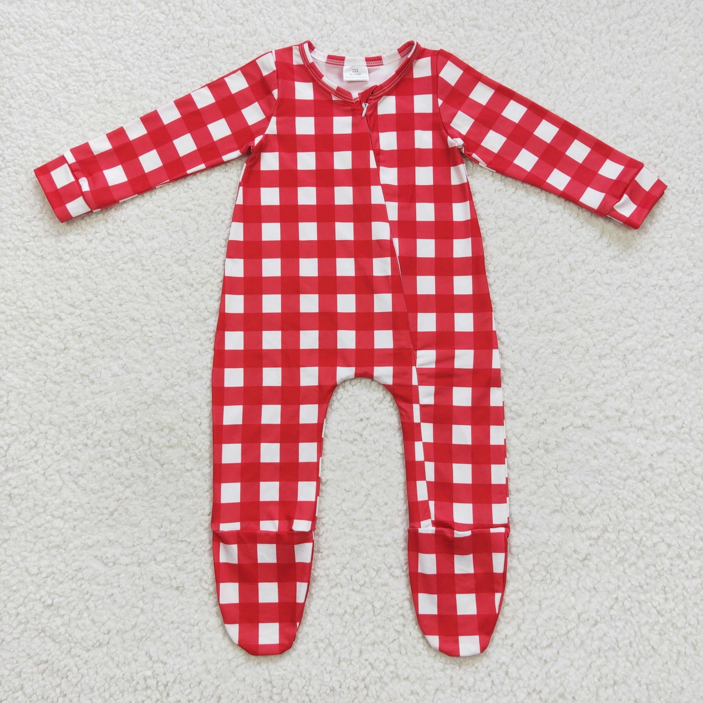 LR0549 Baby Girl Christmas Long Sleeves Red Plaid One Piece Zipper Footie Romper