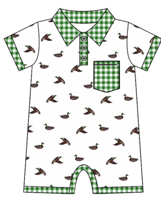 Baby Boy Girl Ducks Bows Sibling Matching Green Dress Romper Clothes Set ( Moq 5 Each style )