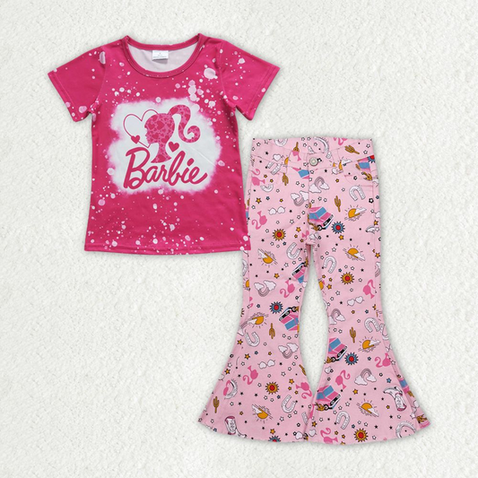 Baby Girl Pink Short Sleeves Doll Shirt Denim Jeans Pants Clothes Set