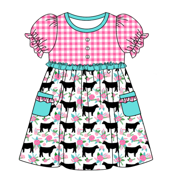 Baby Girl Short Sleeves Flower Cow Plaid Sibling Romper Dress Clothes Set ( Moq 5 Each Design )11.19