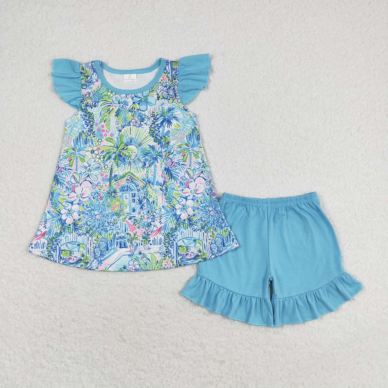 Baby Girl Short Sleeves Floral Tunic Blue Shorts Summer Set