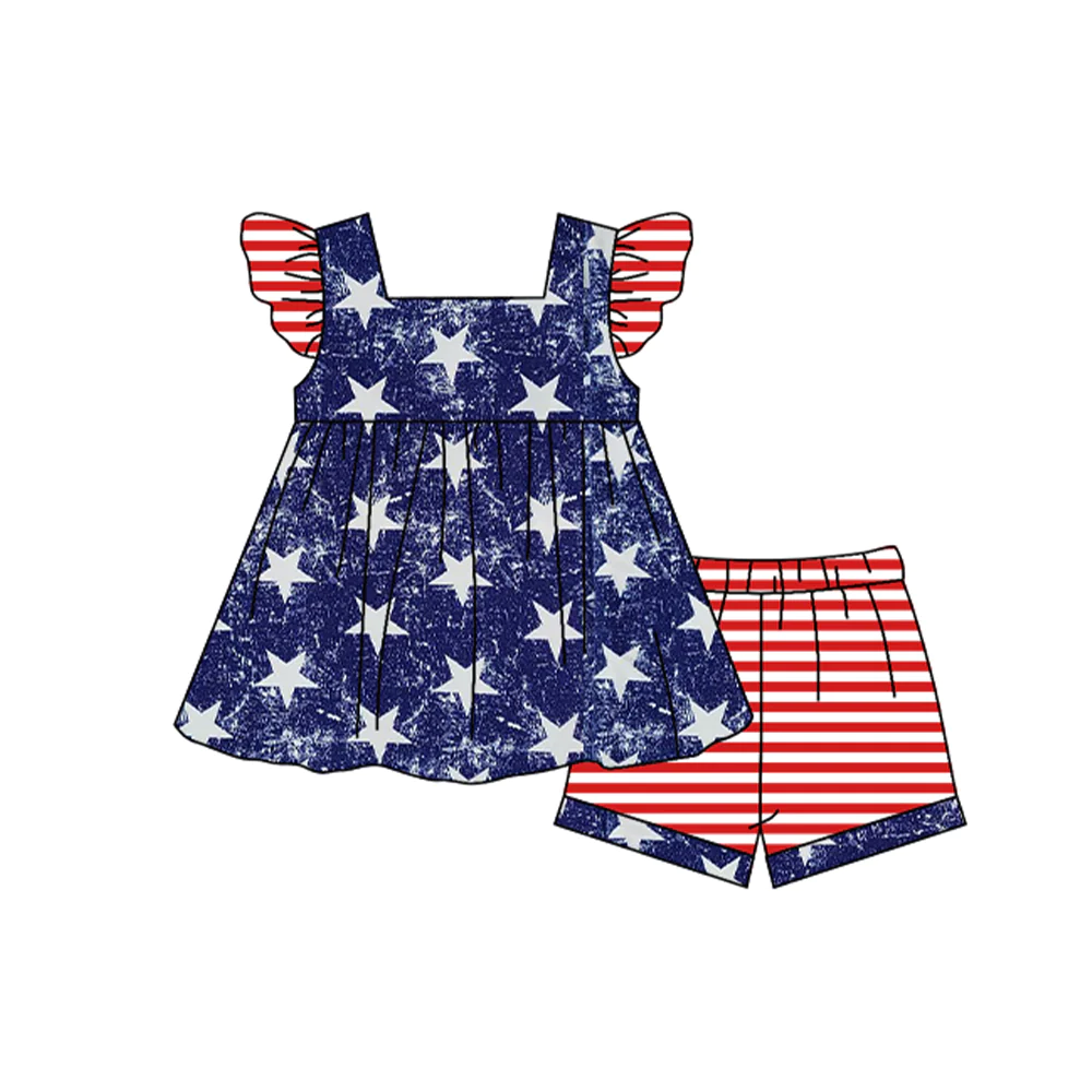 Moq 3 Pre-order GSSO0941 Baby Girl Short Sleeves Starts Tunic Stripes Shorts July 4th Set