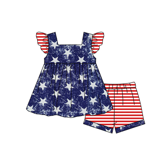 Moq 3 Pre-order GSSO0941 Baby Girl Short Sleeves Starts Tunic Stripes Shorts July 4th Set