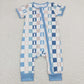 SR1013 Baby Boy Easter Short Sleeves Rabbits Checkered Blue Zipper One Piece Romper