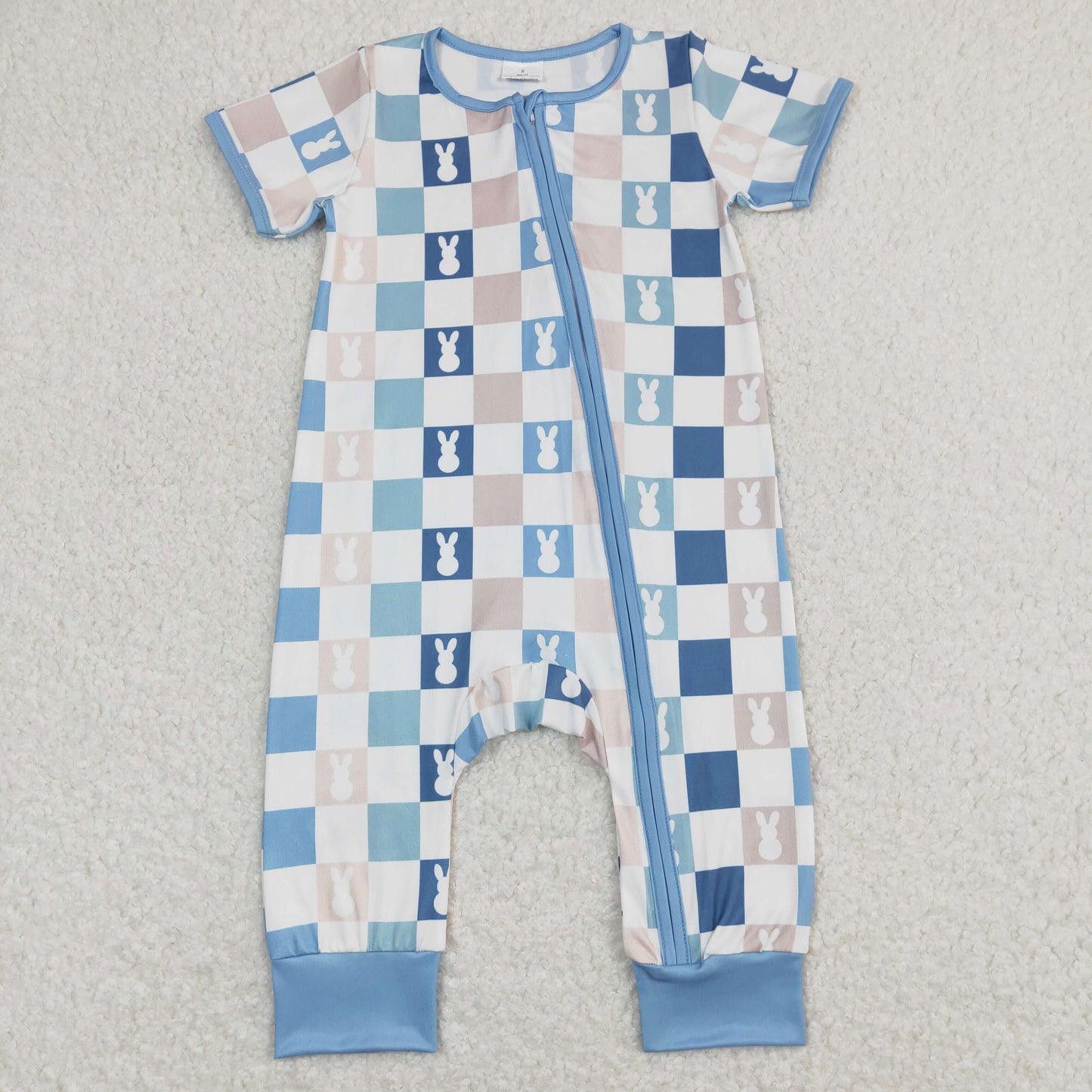 SR1013 Baby Boy Easter Short Sleeves Rabbits Checkered Blue Zipper One Piece Romper