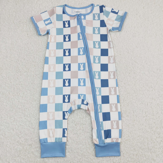 SR1013 Baby Boy Easter Short Sleeves Rabbits Checkered Blue Zipper One Piece Romper