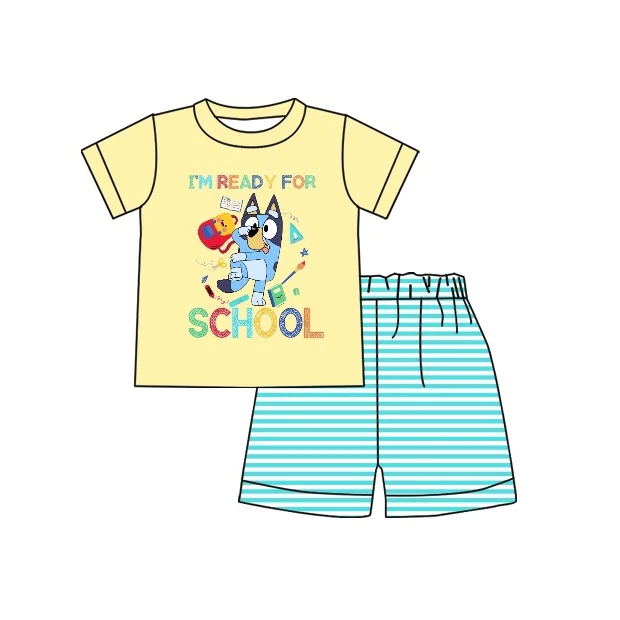 Moq 3 Pre-order BSSO0771 Baby Boy Yellow Short Sleeves Dogs Shirt Stripes Shorts Summer Back To School Set