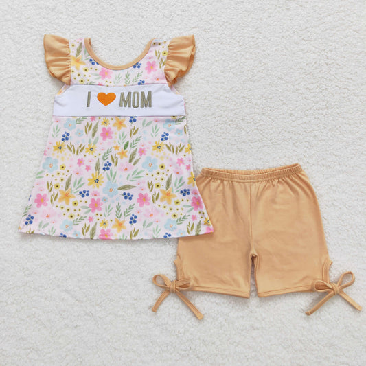 Baby Girl Short Sleeves Embroidery I Love Mom Floral Tunic Shorts Set