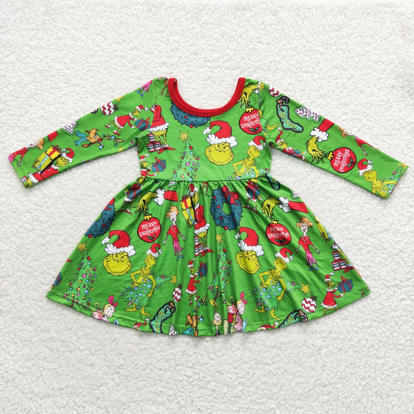 Baby Girl Chritsmas Green Long Sleeves Face Dress