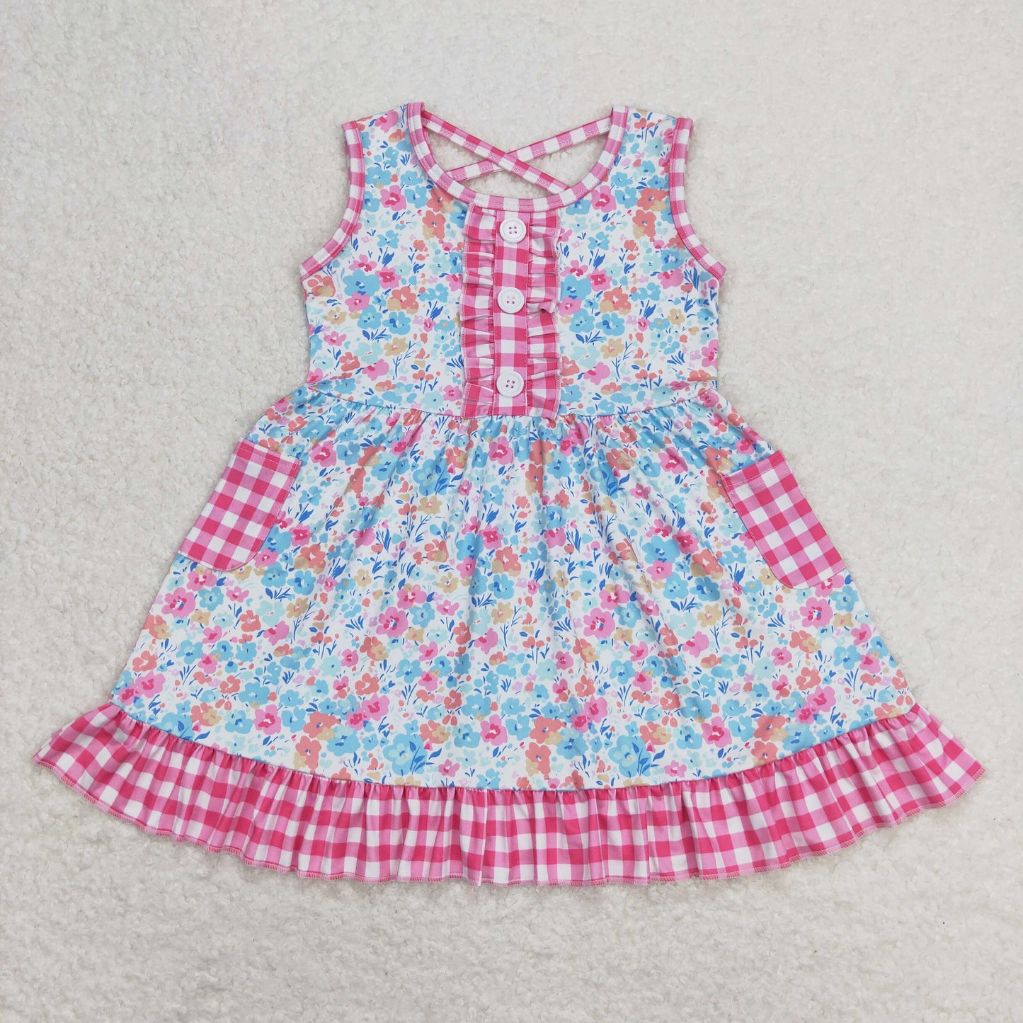 Baby Girl Sleeveless Floral Plaid Pocket Summer Dress