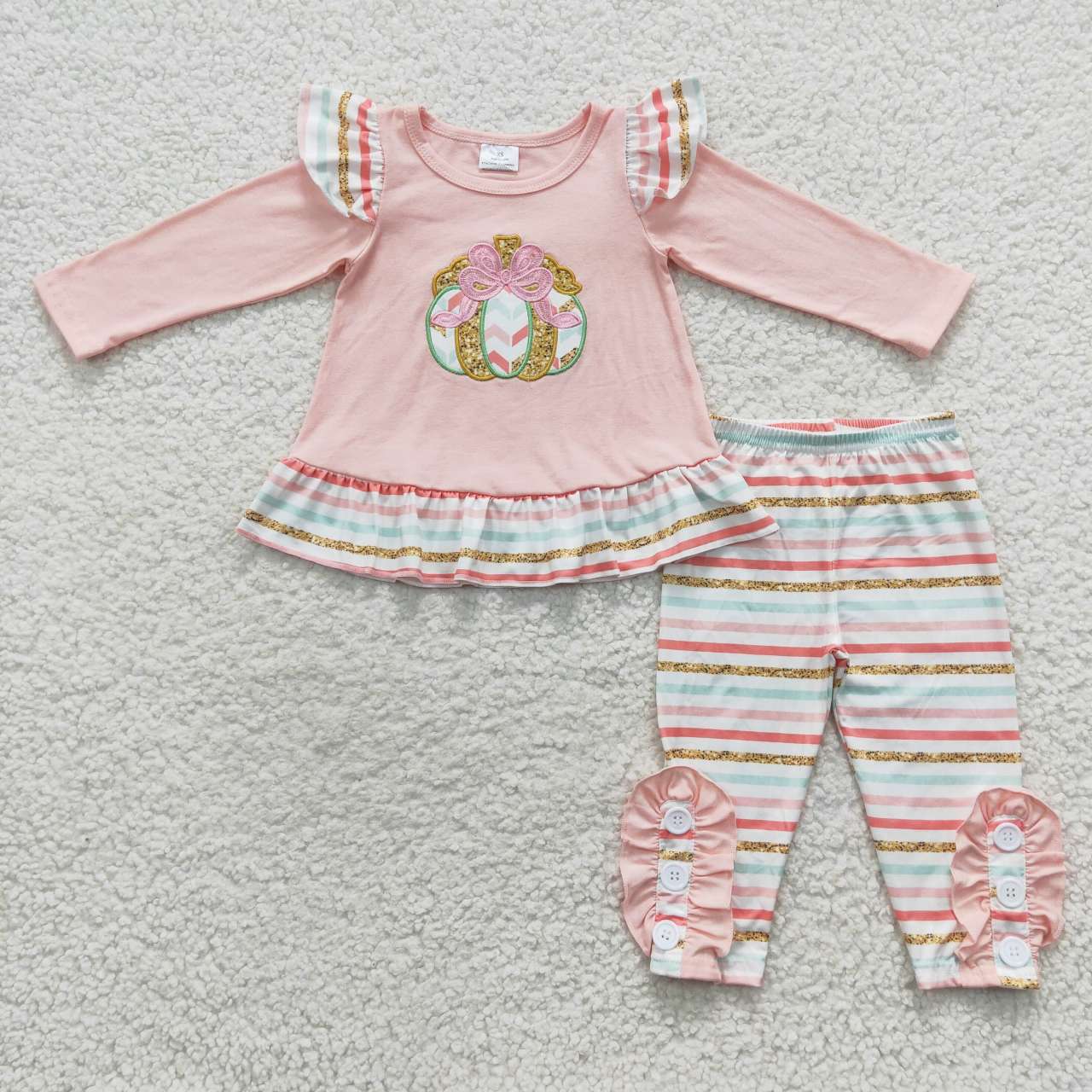 GLP0513 Baby Girl Long Sleeves Pumpkin Embroidery Striped Ruffle Pants Outfit