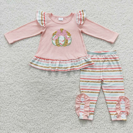 GLP0513 Baby Girl Long Sleeves Pumpkin Embroidery Striped Ruffle Pants Outfit