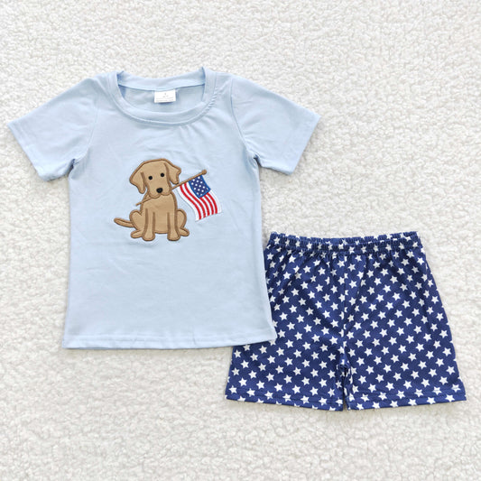 BSSO0227 Baby Boy July Short Sleeves Embroidery Dog Flag Cotton Shirt Star Shorts Summer Outfit