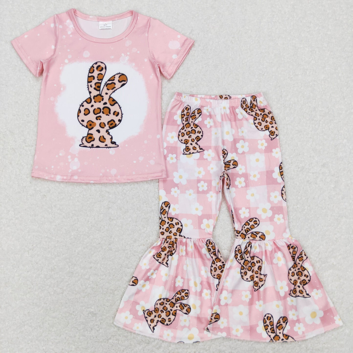 GSPO1181 Easter Baby Girl Short Sleeves Leopard Rabbit Shirt Floral Checkered Bell Pants Pink Set