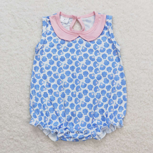 Baby Girl Sleeveless Summer Blue Shells Bubble One Piece Romper